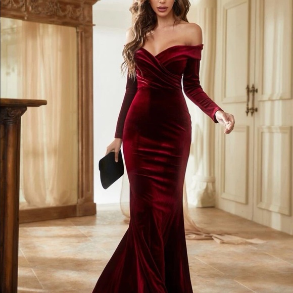 Party evening dress gown velvet long maxi off shoulder sexy burgundy red - Picture 5 of 7